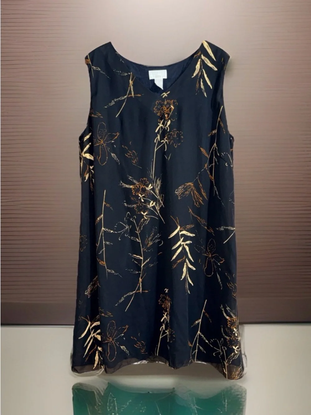 Vtg Studio C Plus Black Midi Dress with Gold Floral Accents - Picture 1 of 11